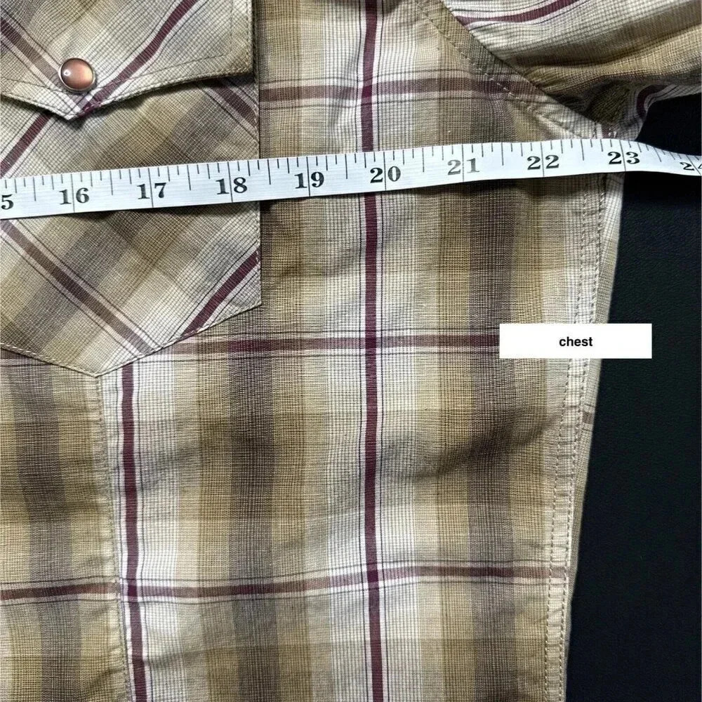 Western Plaid Shirt Mens Medium Tan Short Sleeve Pearl Snap Flap Pockets Cowboy - Picture 6 of 7